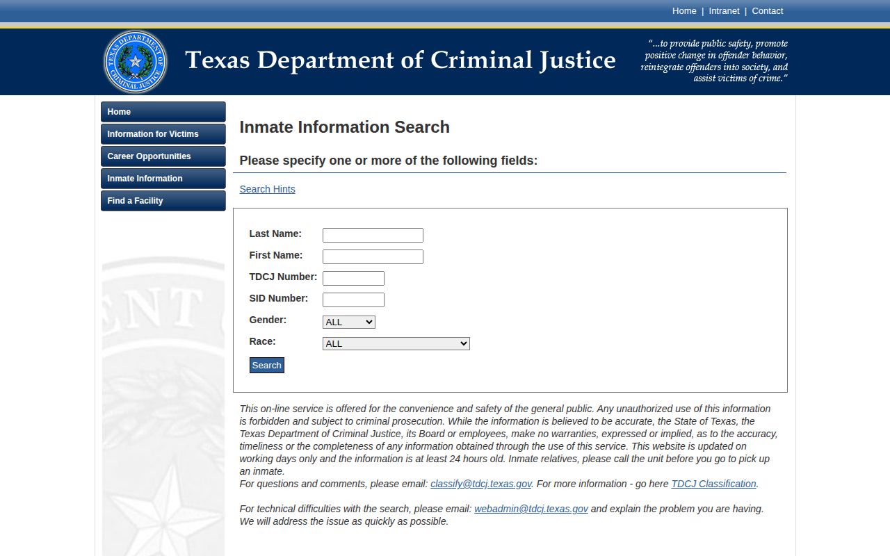 Jackson County released inmate TDCJ current-custody search