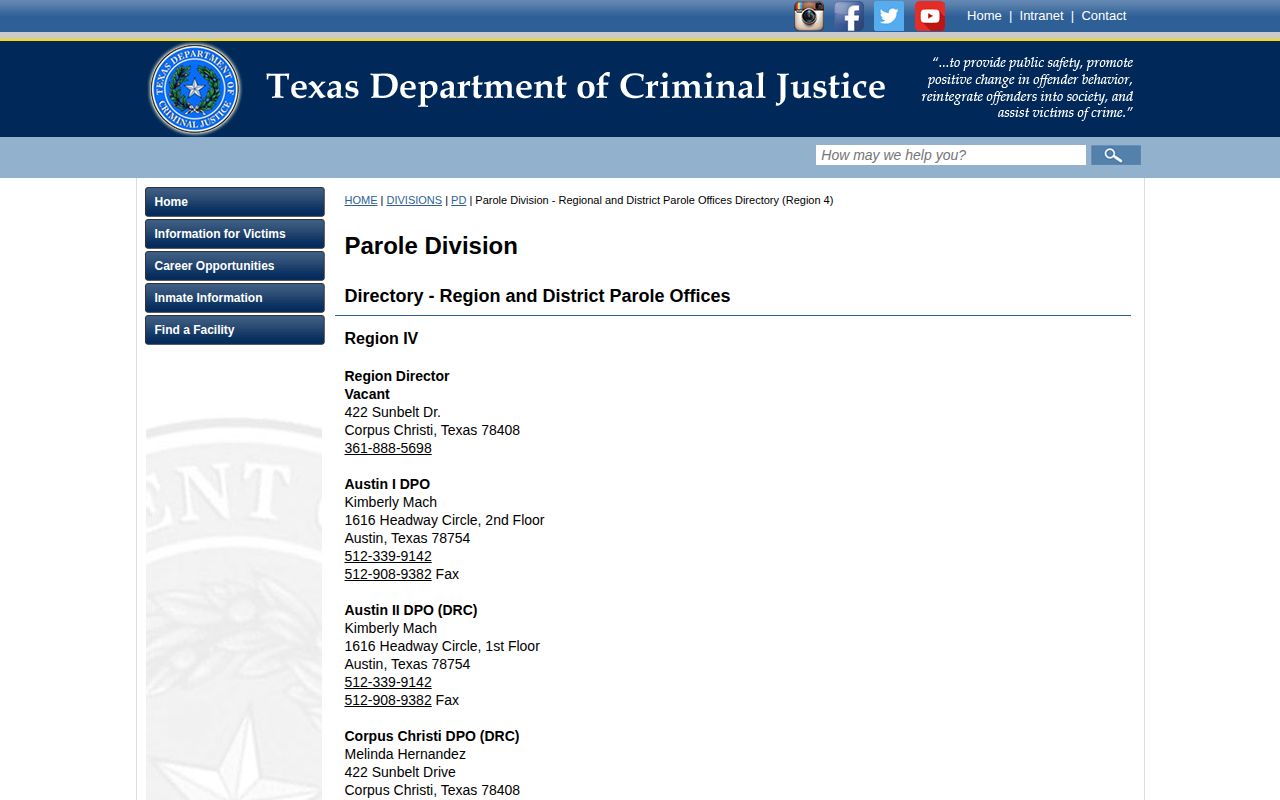 Jackson County parole release supervision Victoria District Office listing