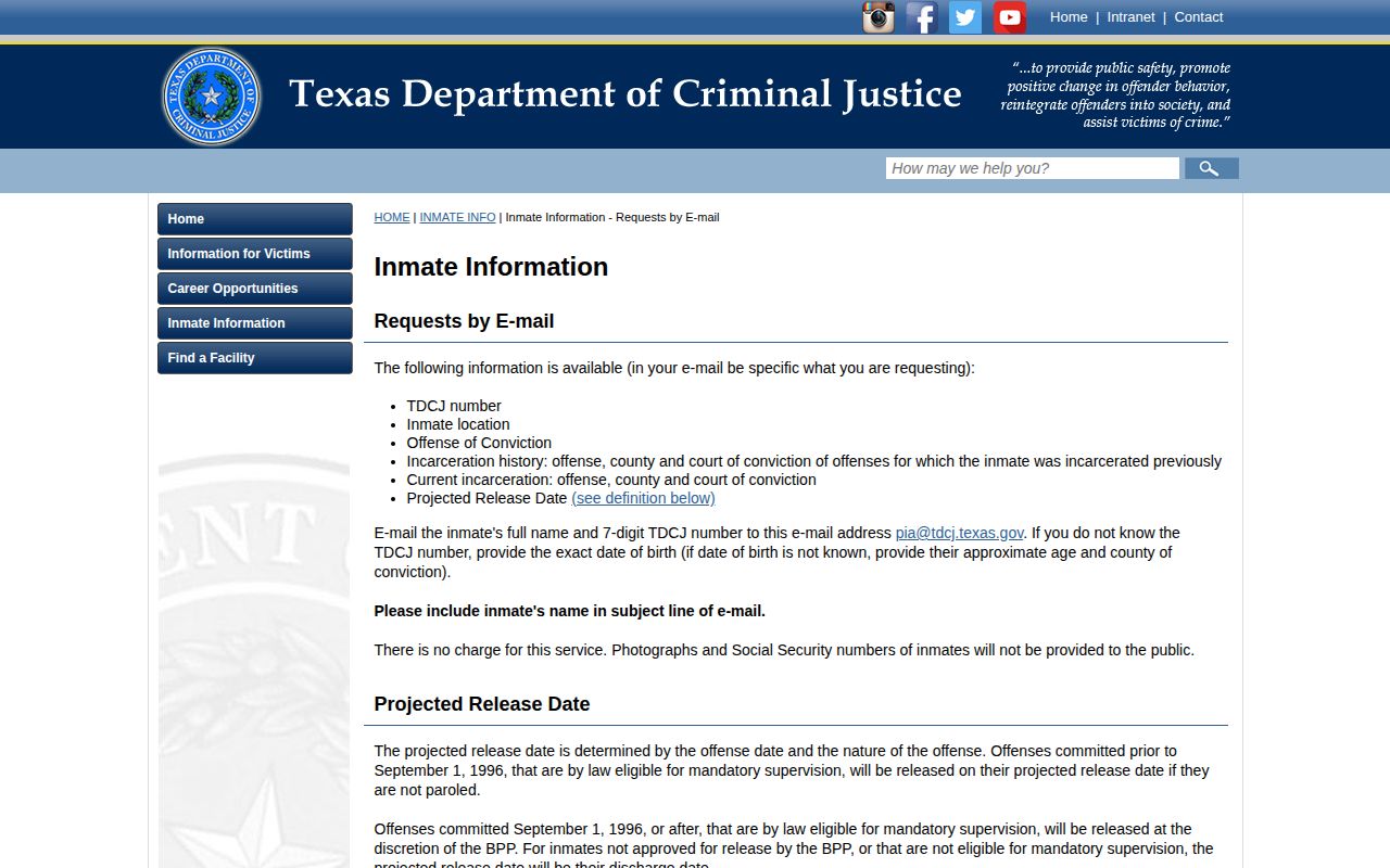 Jackson County projected release date TDCJ definition and request route